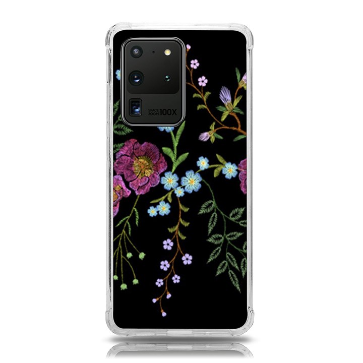 Embroidery Trend Floral Pattern Small Branches Herb Rose Samsung Galaxy S20 Ultra 6.9 Inch TPU UV Case