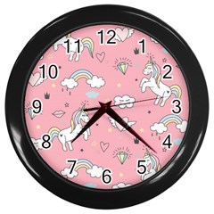 Cute Unicorn Seamless Pattern Wall Clock (black) by Apen