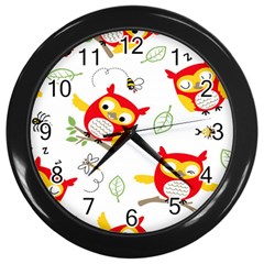 Seamless Pattern Vector Owl Cartoon With Bugs Wall Clock (black) by Apen