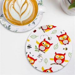 Seamless Pattern Vector Owl Cartoon With Bugs Uv Print Round Tile Coaster by Apen