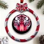 Tiger Design Metal Red Ribbon Round Ornament Front