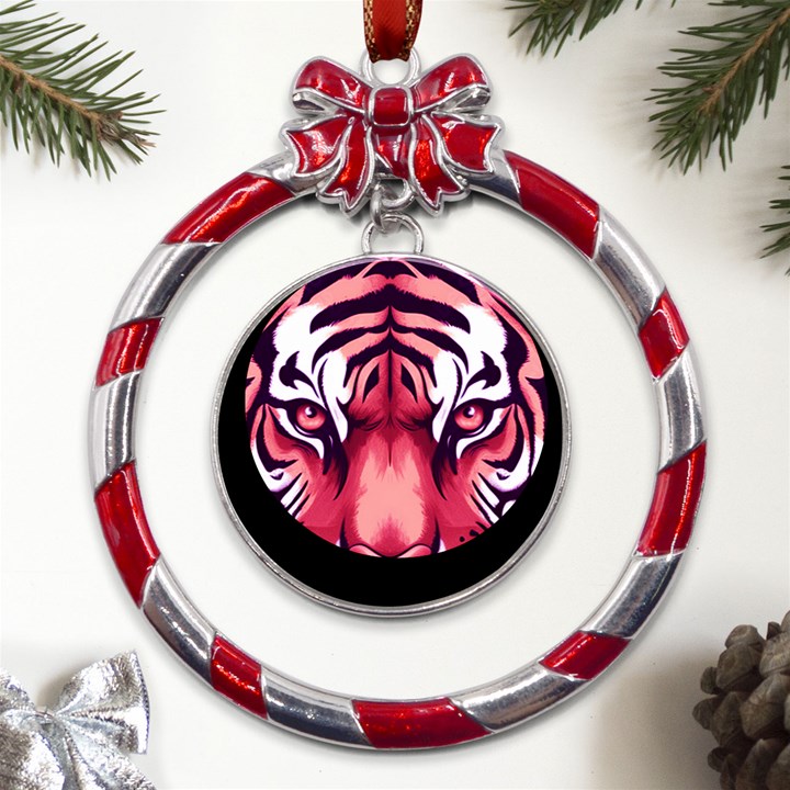 Tiger Design Metal Red Ribbon Round Ornament