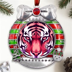 Tiger Design Metal X mas Ribbon With Red Crystal Round Ornament by TShirt44