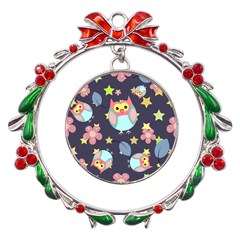 Owl Stars Pattern Background Metal X mas Wreath Ribbon Ornament by Apen