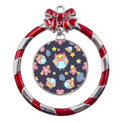 Owl Stars Pattern Background Metal Red Ribbon Round Ornament by Apen