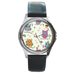 Forest Seamless Pattern With Cute Owls Round Metal Watch by Apen