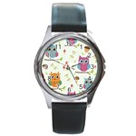 Forest Seamless Pattern With Cute Owls Round Metal Watch Front