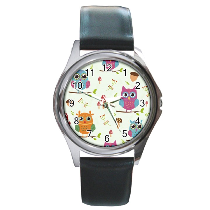 Forest Seamless Pattern With Cute Owls Round Metal Watch