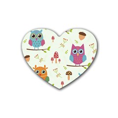 Forest Seamless Pattern With Cute Owls Rubber Heart Coaster (4 Pack) by Apen