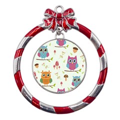 Forest Seamless Pattern With Cute Owls Metal Red Ribbon Round Ornament by Apen