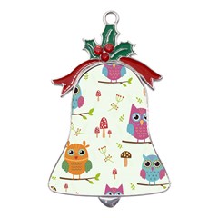 Forest Seamless Pattern With Cute Owls Metal Holly Leaf Bell Ornament by Apen