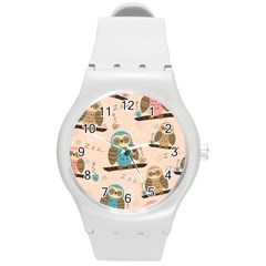 Seamless Pattern Owls Dream Cute Style Pajama Fabric Round Plastic Sport Watch (m) by Apen