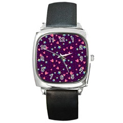 Colorful Stars Hearts Seamless Vector Pattern Square Metal Watch by Apen