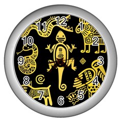 Mexican Culture Golden Tribal Icons Wall Clock (silver) by Apen