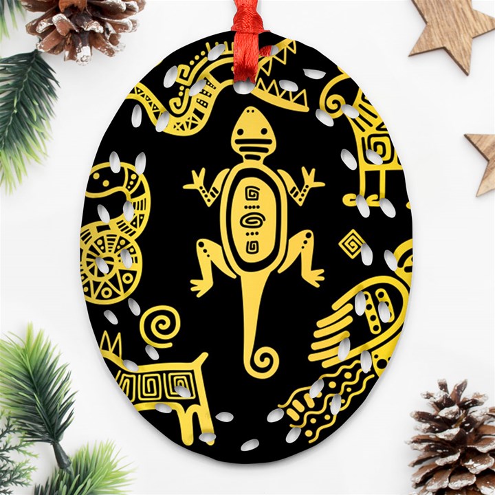 Mexican Culture Golden Tribal Icons Ornament (Oval Filigree)