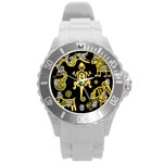 Mexican Culture Golden Tribal Icons Round Plastic Sport Watch (L) Front