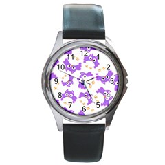 Purple Owl Pattern Background Round Metal Watch by Apen