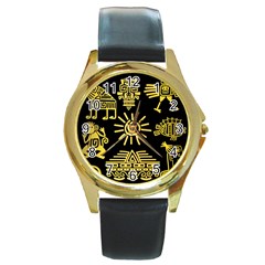 Maya Style Gold Linear Totem Icons Round Gold Metal Watch by Apen