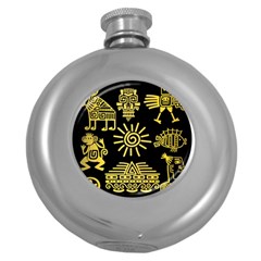 Maya Style Gold Linear Totem Icons Round Hip Flask (5 Oz) by Apen