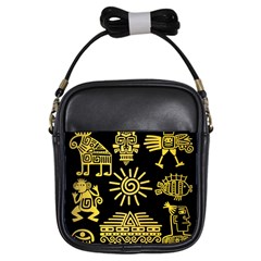 Maya Style Gold Linear Totem Icons Girls Sling Bag by Apen