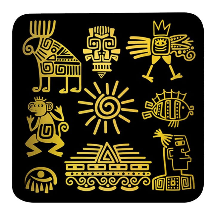 Maya Style Gold Linear Totem Icons Square Glass Fridge Magnet (4 pack)