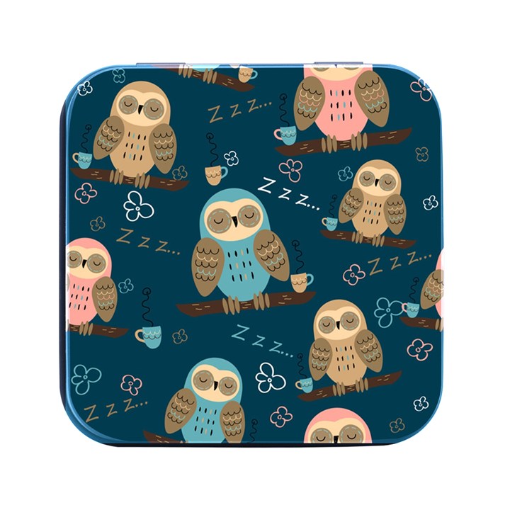 Seamless Pattern Owls Dreaming Square Metal Box (Black)