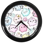 Cute Doodle Cartoon Seamless Pattern Wall Clock (Black) Front