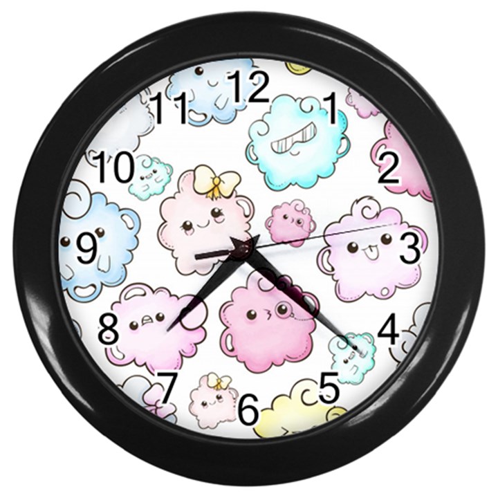 Cute Doodle Cartoon Seamless Pattern Wall Clock (Black)