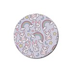 Seamless Pattern With Cute Rabbit Character Rubber Round Coaster (4 pack) Front