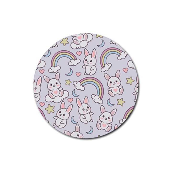 Seamless Pattern With Cute Rabbit Character Rubber Round Coaster (4 pack)