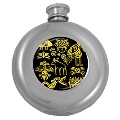 Golden Indian Traditional Signs Symbols Round Hip Flask (5 Oz) by Apen