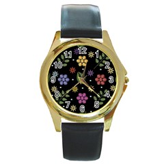 Embroidery Seamless Pattern With Flowers Round Gold Metal Watch