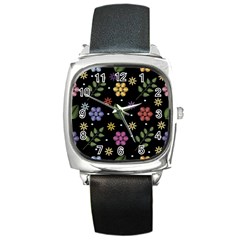 Embroidery Seamless Pattern With Flowers Square Metal Watch