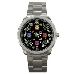 Embroidery Seamless Pattern With Flowers Sport Metal Watch