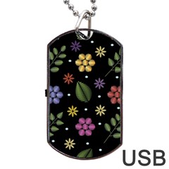 Embroidery Seamless Pattern With Flowers Dog Tag USB Flash (Two Sides)