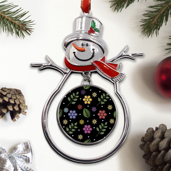 Embroidery Seamless Pattern With Flowers Metal Snowman Ornament