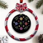 Embroidery Seamless Pattern With Flowers Metal Red Ribbon Round Ornament Front