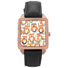 Cute Colorful Owl Cartoon Seamless Pattern Rose Gold Leather Watch  by Apen