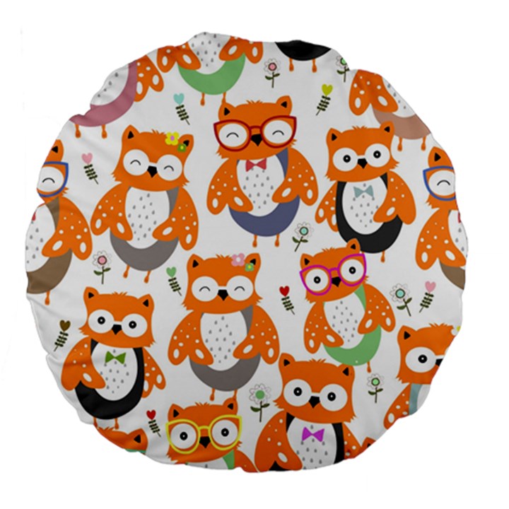 Cute Colorful Owl Cartoon Seamless Pattern Large 18  Premium Flano Round Cushions