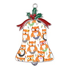 Cute Colorful Owl Cartoon Seamless Pattern Metal Holly Leaf Bell Ornament by Apen