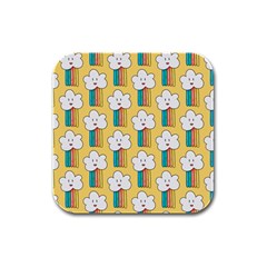 Smile Cloud Rainbow Pattern Yellow Rubber Square Coaster (4 Pack) by Apen