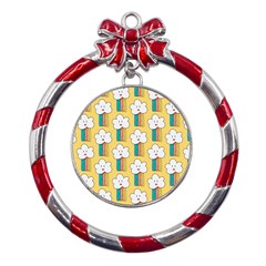 Smile Cloud Rainbow Pattern Yellow Metal Red Ribbon Round Ornament