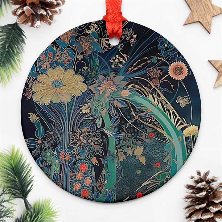 Bird Flower Tree Forest Round Ornament (Two Sides)