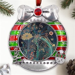 Bird Flower Tree Forest Metal X mas Ribbon With Red Crystal Round Ornament by Jatiart