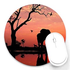 Elephant Landscape Tree Africa Sunset Safari Wild Round Mousepad by Jatiart