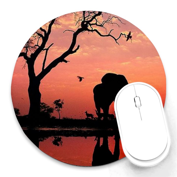 Elephant Landscape Tree Africa Sunset Safari Wild Round Mousepad