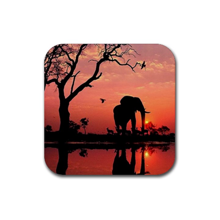 Elephant Landscape Tree Africa Sunset Safari Wild Rubber Coaster (Square)