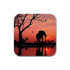 Elephant Landscape Tree Africa Sunset Safari Wild Rubber Square Coaster (4 Pack) by Jatiart