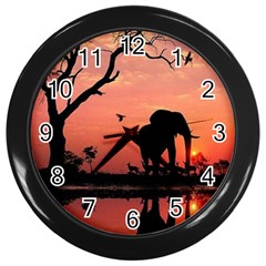 Elephant Landscape Tree Africa Sunset Safari Wild Wall Clock (black) by Jatiart