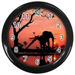 Elephant Landscape Tree Africa Sunset Safari Wild Wall Clock (Black) Front